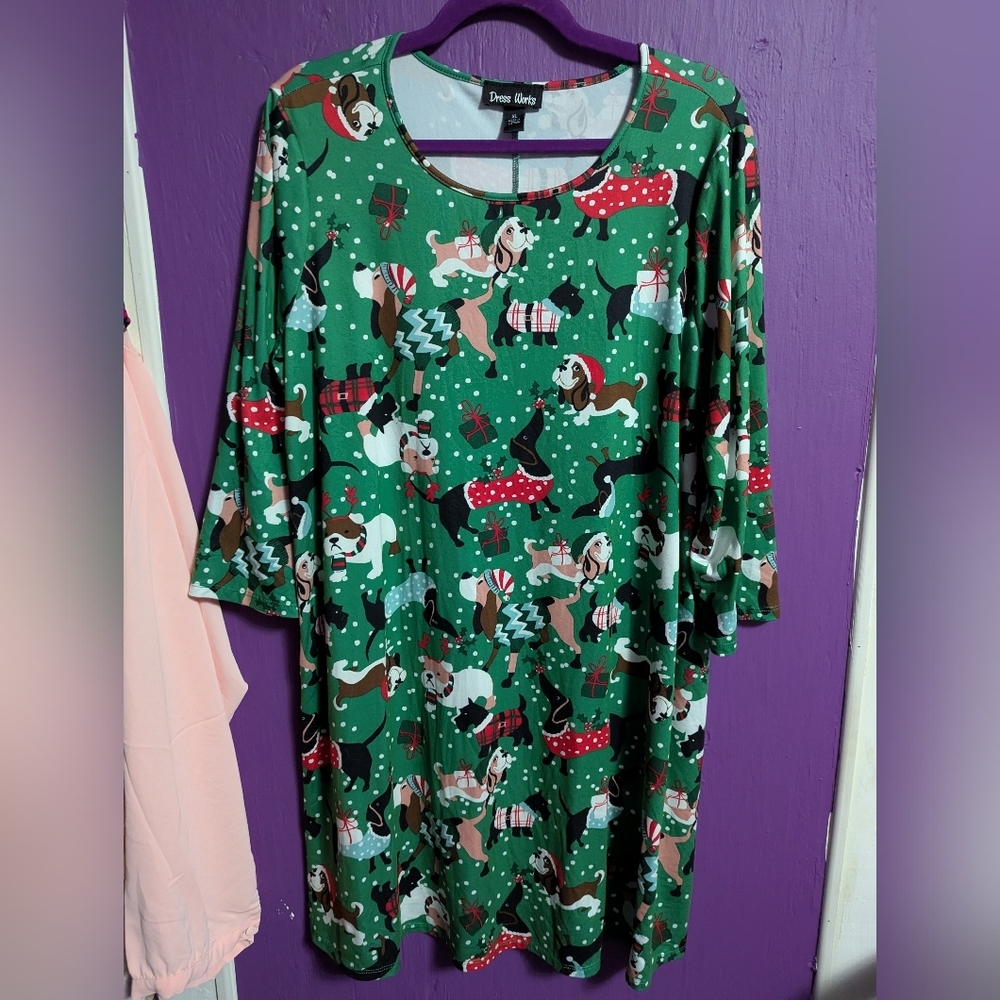 Dress Works Green White Holiday Dog Print Soft Long 3/4 Sleeve Dress XL 16 - Picture 2 of 4